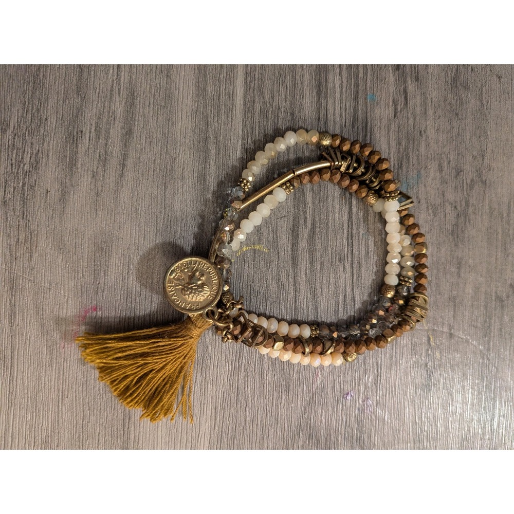 Boho Multi Strand Beaded Bracelet Gold French Coin Charm Tassel Neutral Stretch